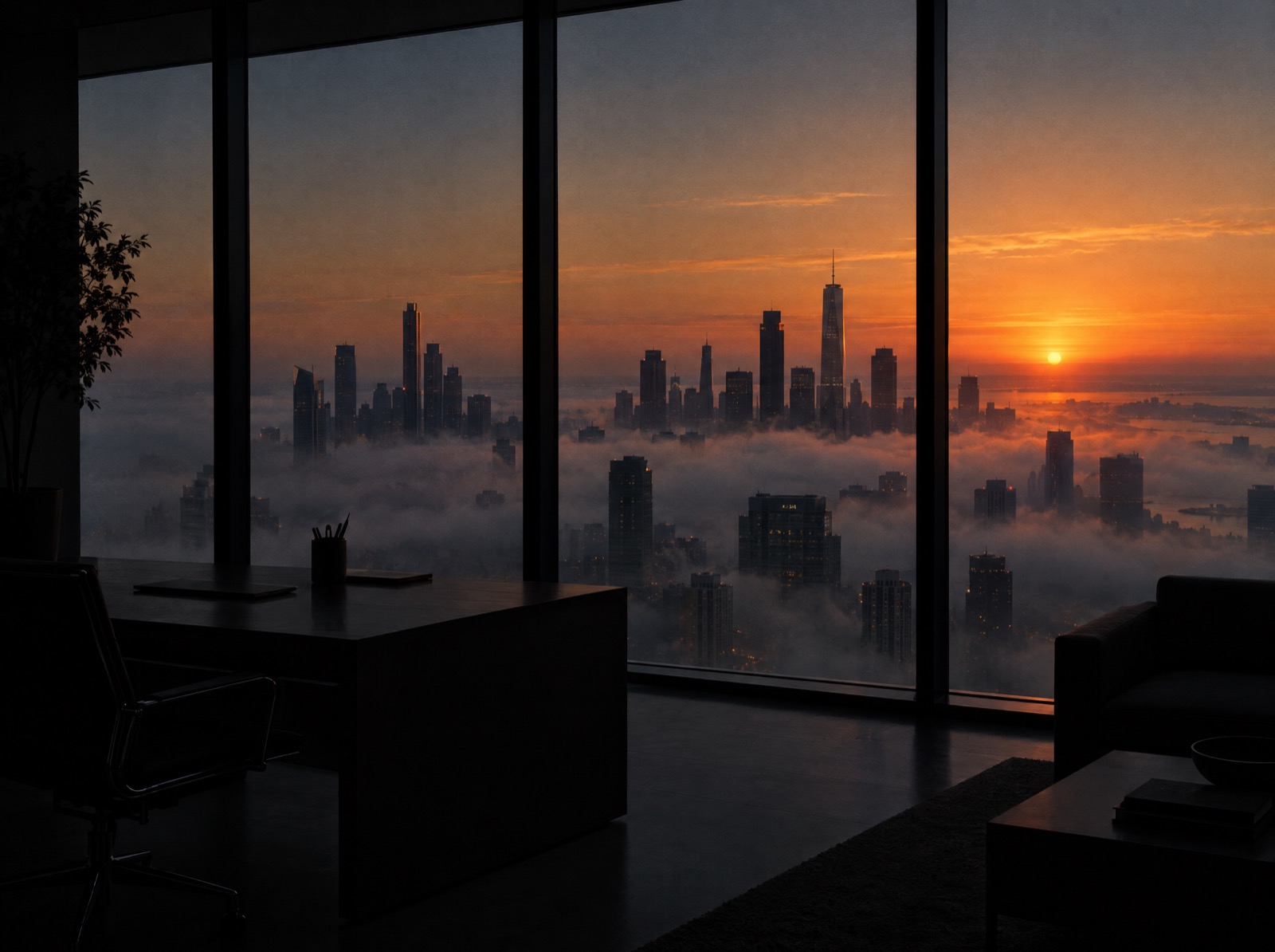 City skyline at dawn seen from a dark office interior